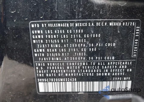 2025 Volkswagen Taos 1.5T S z USA, uszkodzony, nr VIN 3VV5C7B20SM032436